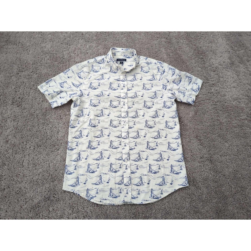 Club Room Button Up Shirt Mens Small Scenic Print Short Sleeve Linen Blend